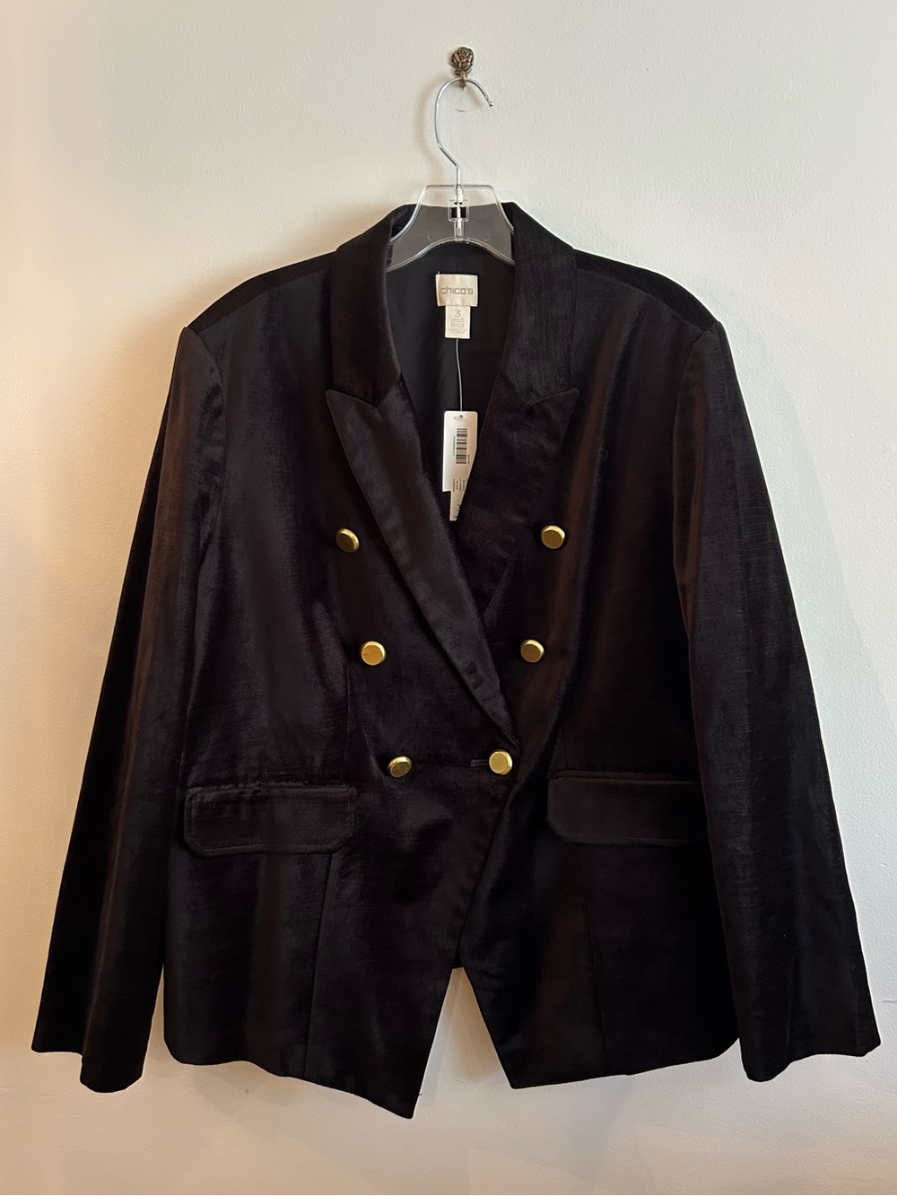 Chico's black velvet blazer jacket classic gold-tone buttons classy